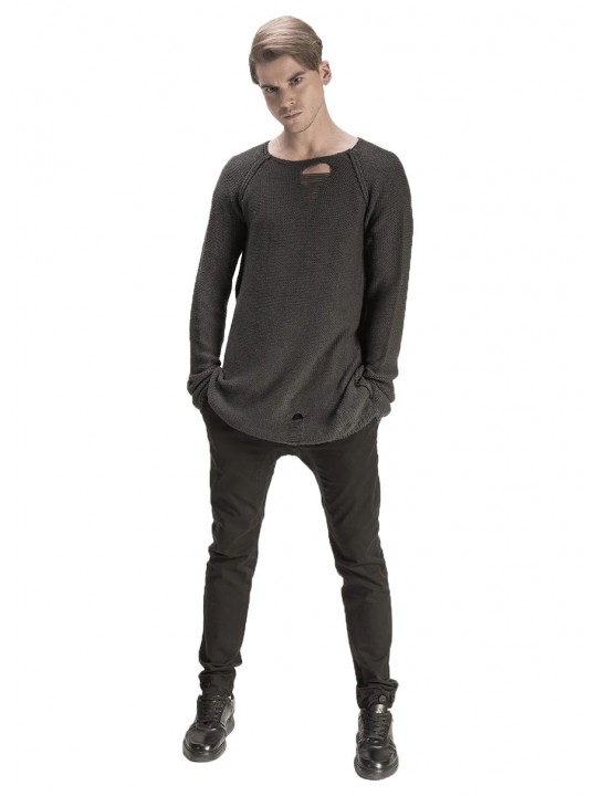 ANTHRACITE LONG SLEEVES TORN SWEATER
