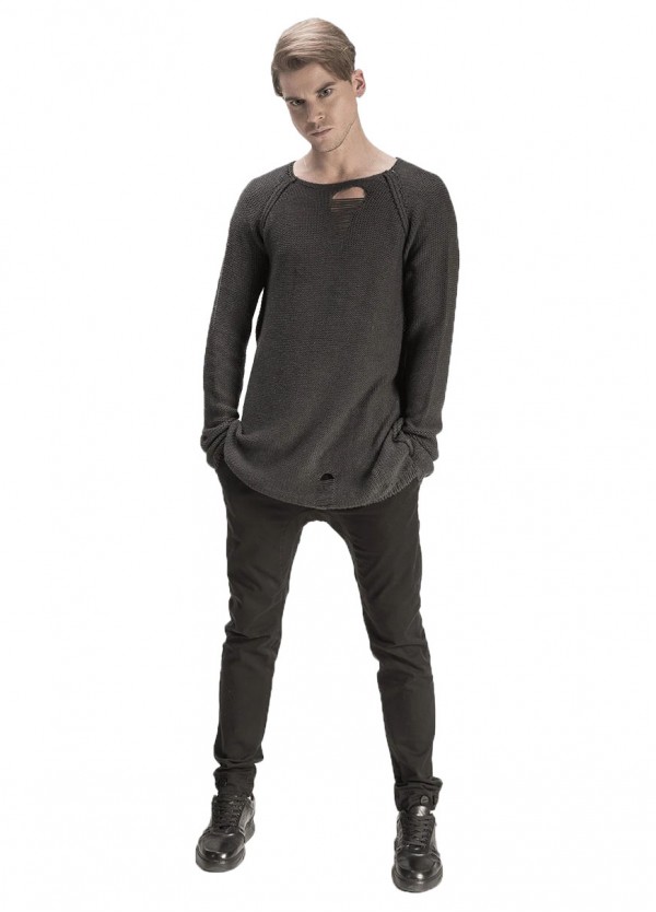 ANTHRACITE LONG SLEEVES TORN SWEATER